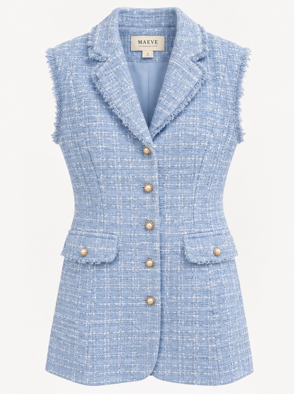 Maeve Sleeveless BouclƩ Light Acaddmia Preppy Tweed Vest Jacket - Light Blue